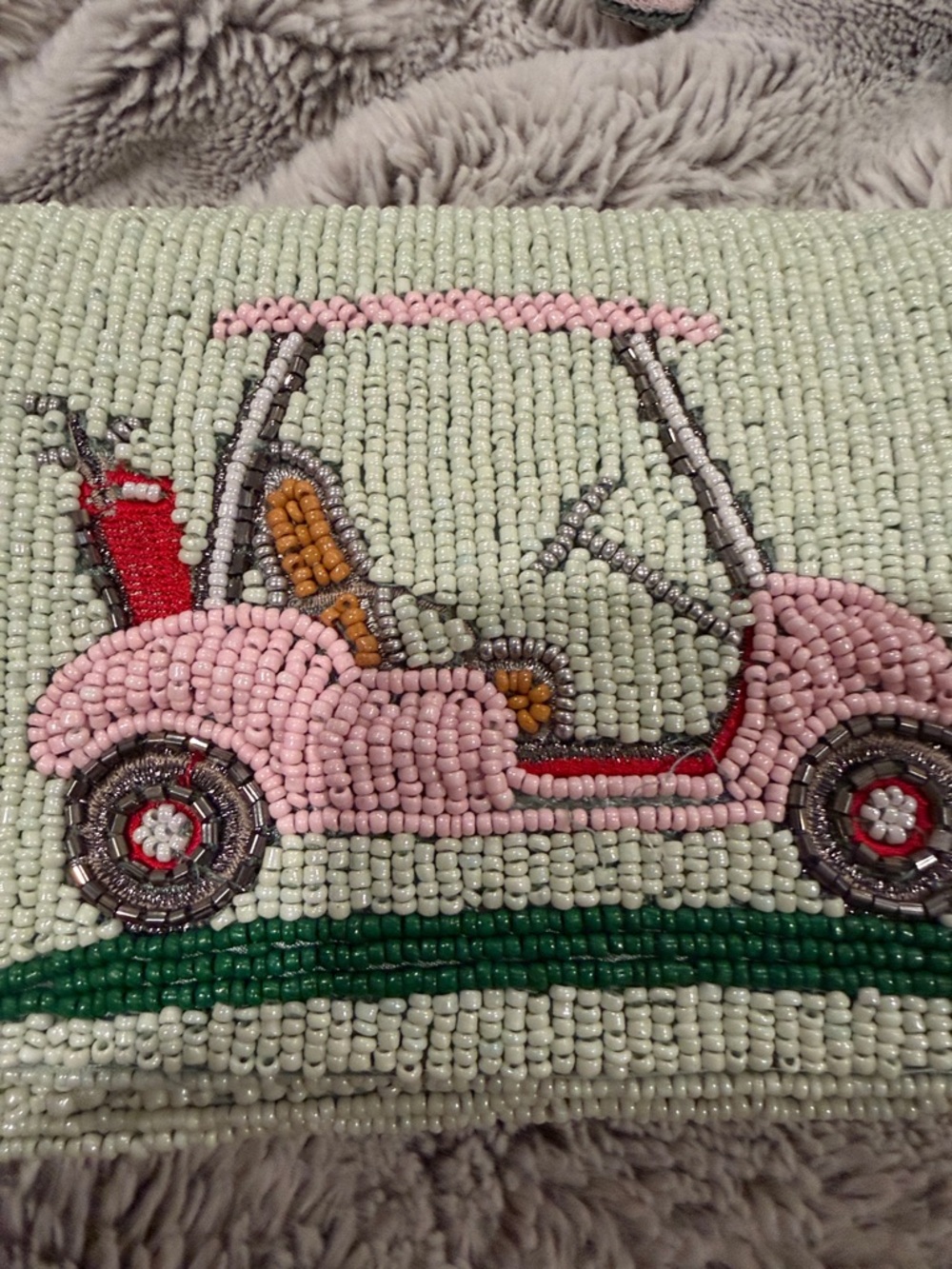 Beaded Mint Green Shoulder Bag with Pink Golf Cart Motif viral TikTok - Picture 3 of 16